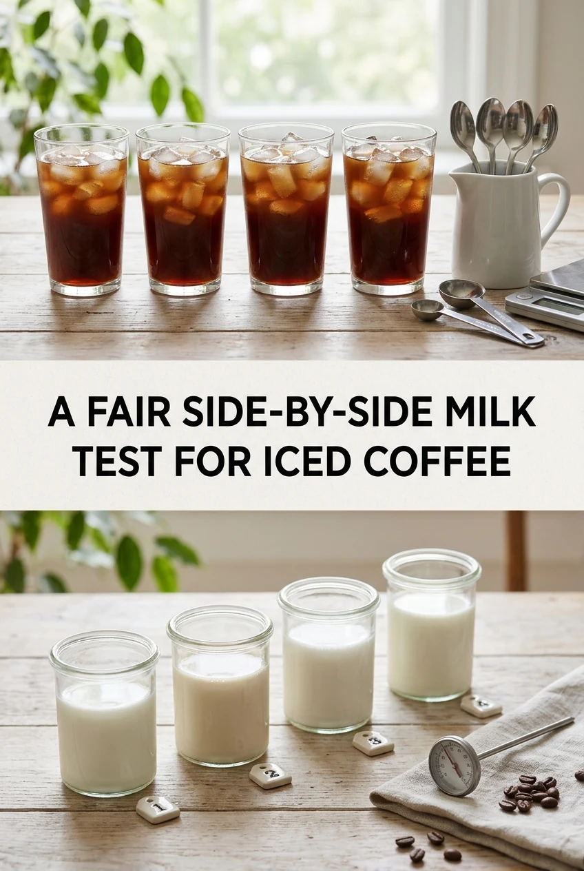 A Fair Side-by-Side Milk Test for Iced Coffee — AI-generated editorial illustration