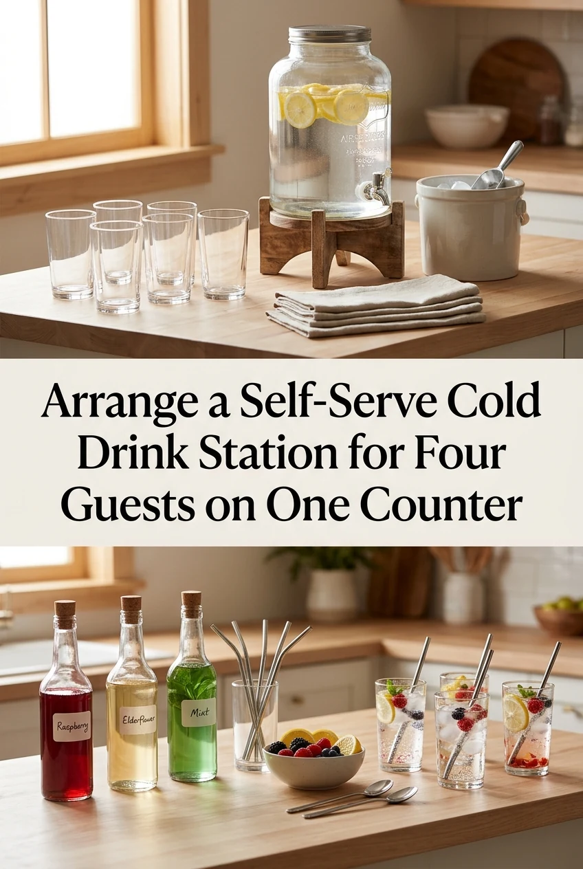 Arrange a Self-Serve Cold Drink Station for Four Guests on One Counter — AI-generated editorial illustration