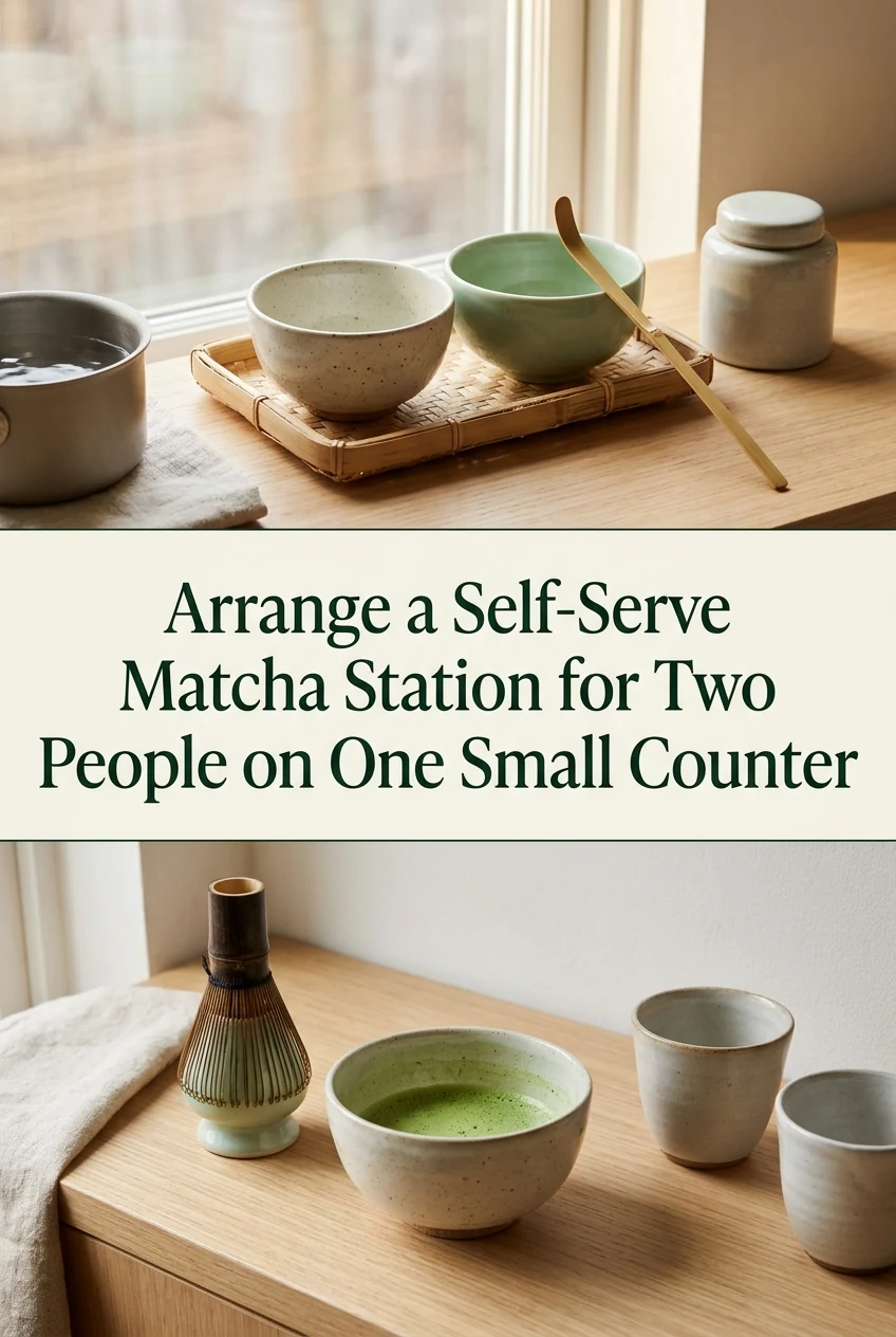Arrange a Self-Serve Matcha Station for Two People on One Small Counter — AI-generated editorial illustration