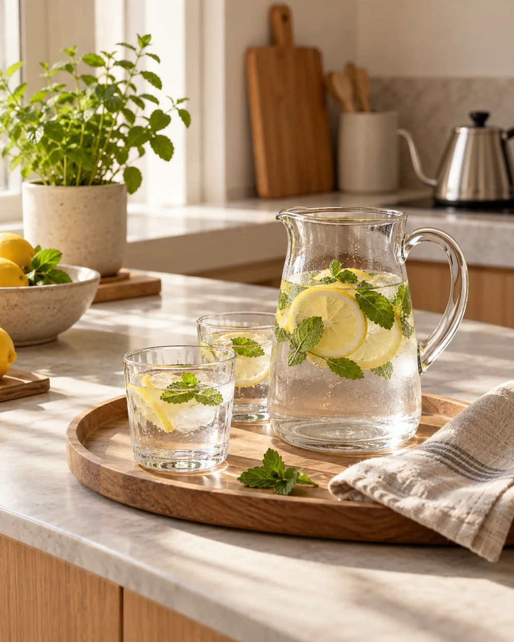 Arrange a Self-Serve Water Station Away From Hot Brewing — AI-generated editorial illustration