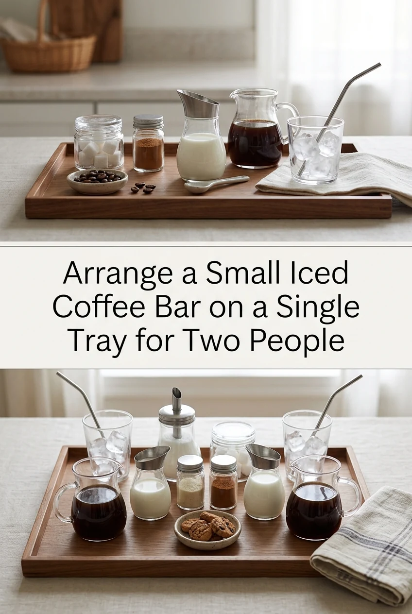 Arrange a Small Iced Coffee Bar on a Single Tray for Two People — AI-generated editorial illustration