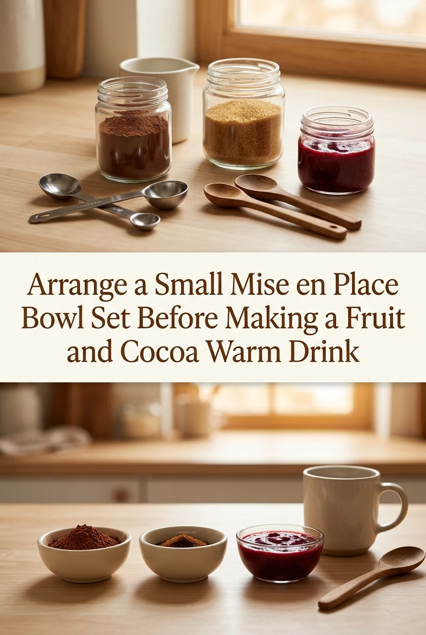 Arrange a Small Mise en Place Bowl Set Before Making a Fruit and Cocoa Warm Drink — AI-generated editorial illustration
