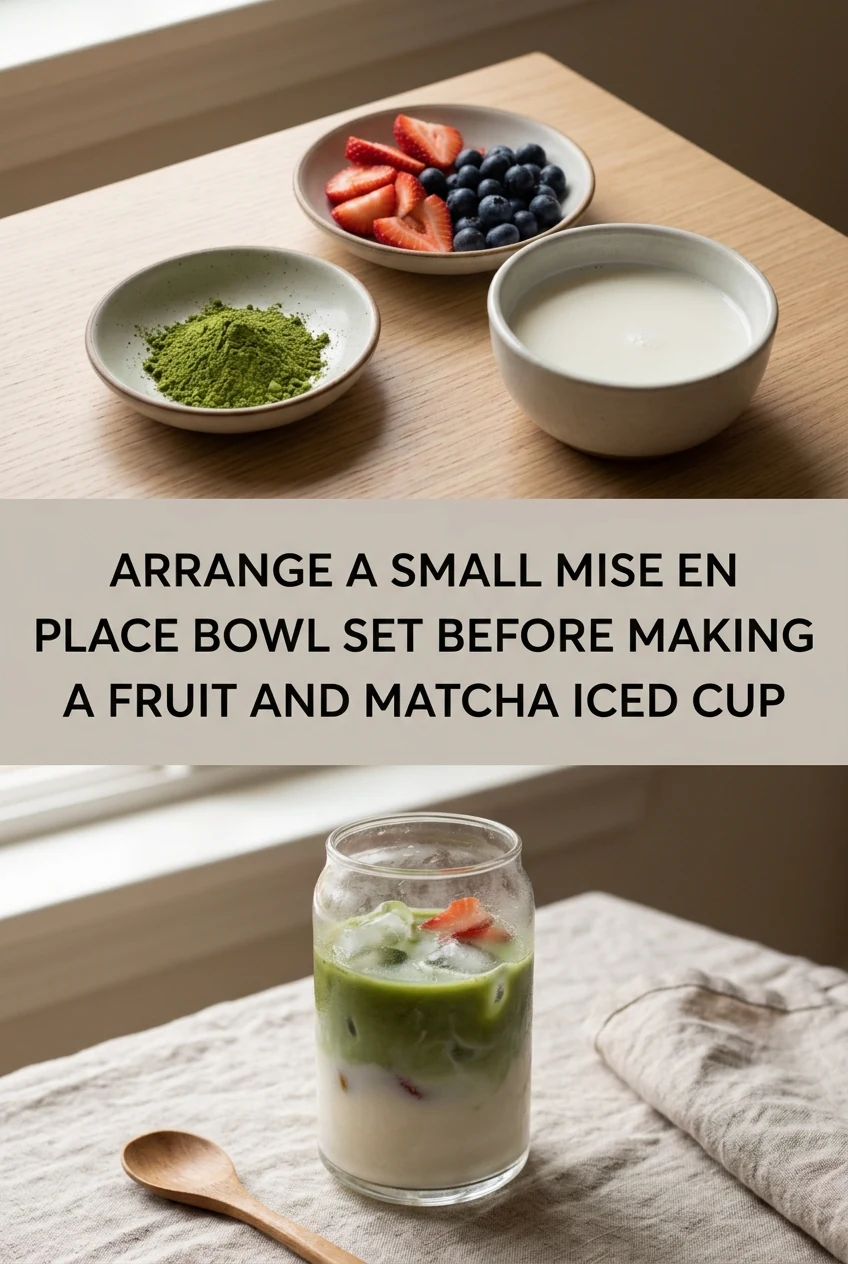 Arrange a Small Mise en Place Bowl Set Before Making a Fruit and Matcha Iced Cup — AI-generated editorial illustration