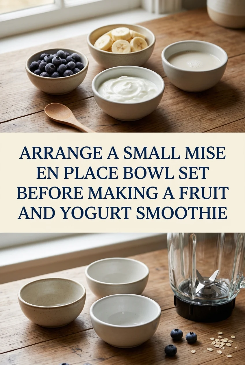 Arrange a Small Mise en Place Bowl Set Before Making a Fruit and Yogurt Smoothie — AI-generated editorial illustration