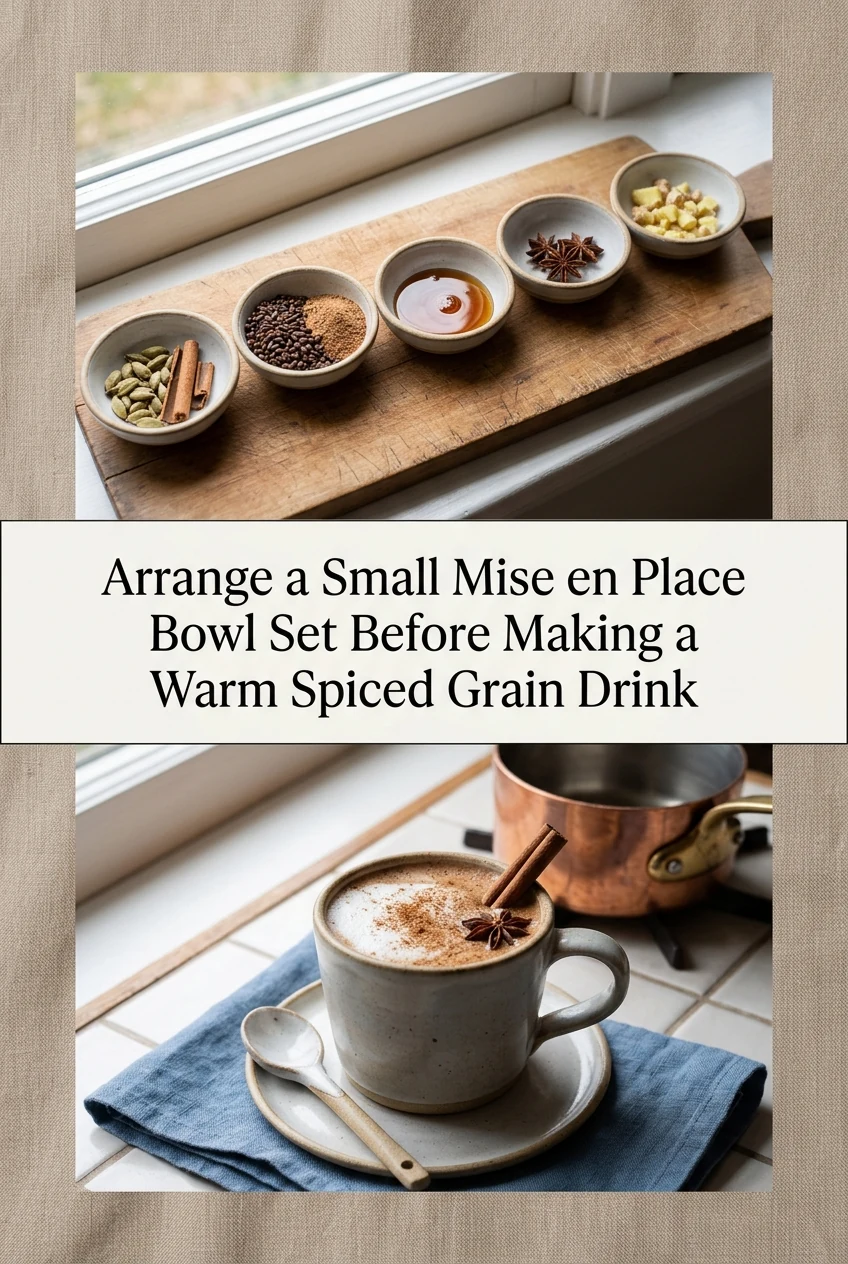Arrange a Small Mise en Place Bowl Set Before Making a Warm Spiced Grain Drink — AI-generated editorial illustration