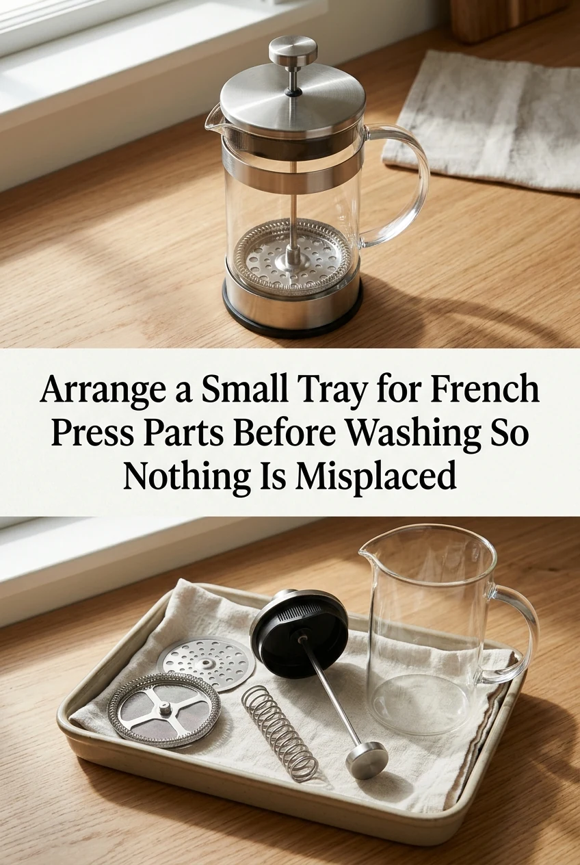 Arrange a Small Tray for French Press Parts Before Washing So Nothing Is Misplaced — AI-generated editorial illustration