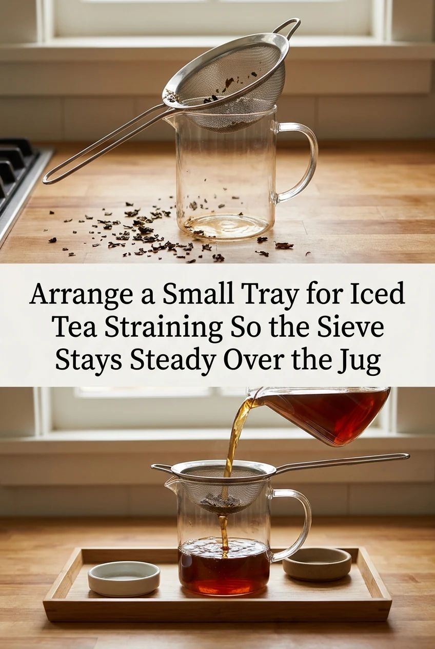 Arrange a Small Tray for Iced Tea Straining So the Sieve Stays Steady Over the Jug — AI-generated editorial illustration