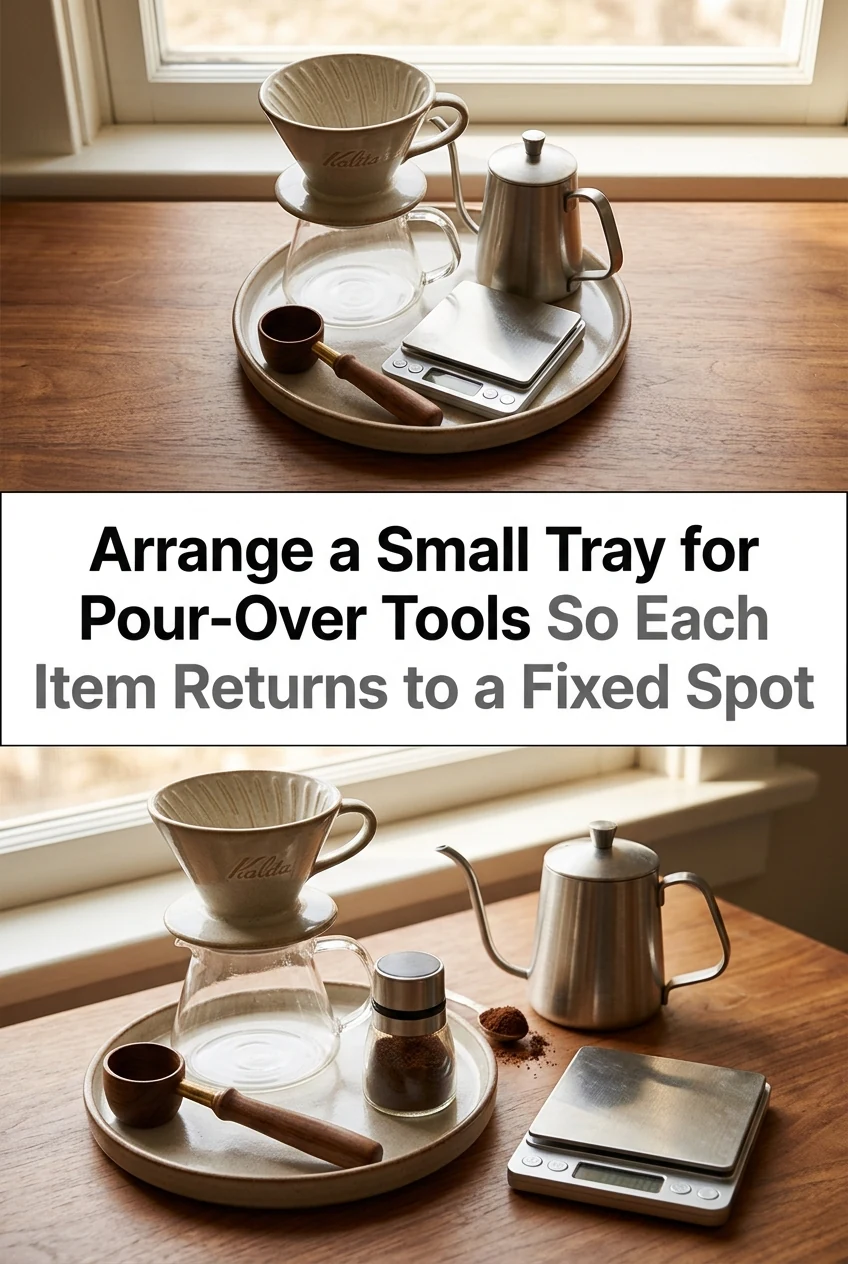 Arrange a Small Tray for Pour-Over Tools So Each Item Returns to a Fixed Spot — AI-generated editorial illustration