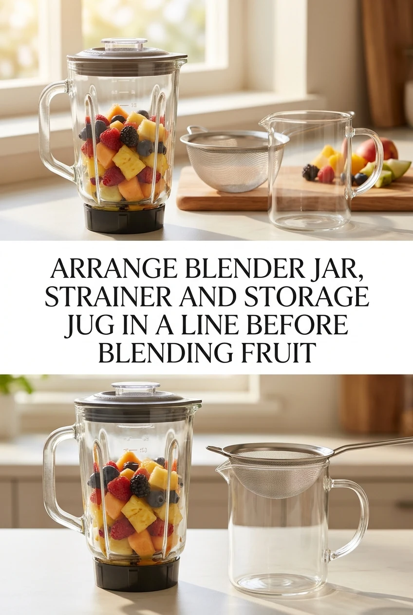 Arrange Blender Jar, Strainer and Storage Jug in a Line Before Blending Fruit — AI-generated editorial illustration