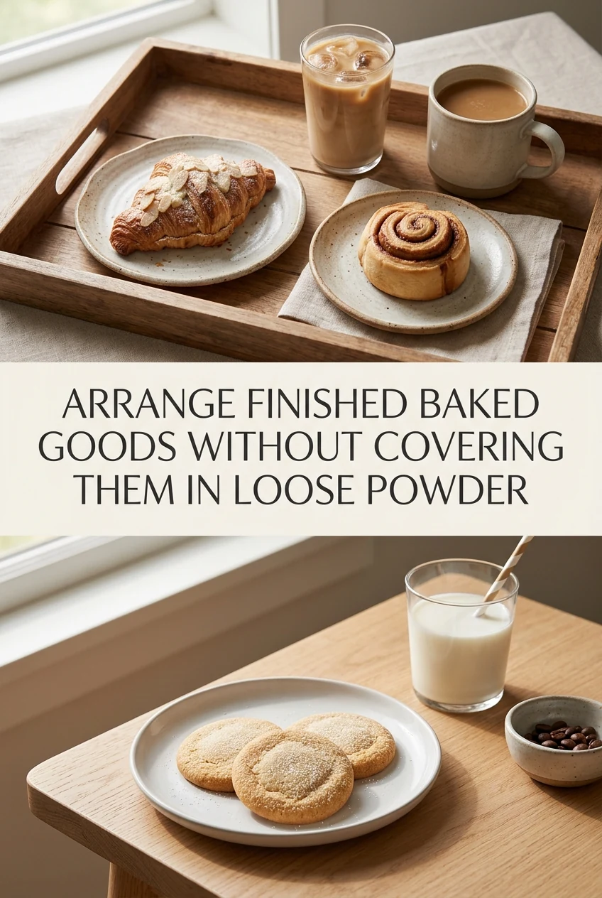 Arrange Finished Baked Goods Without Covering Them in Loose Powder — AI-generated editorial illustration