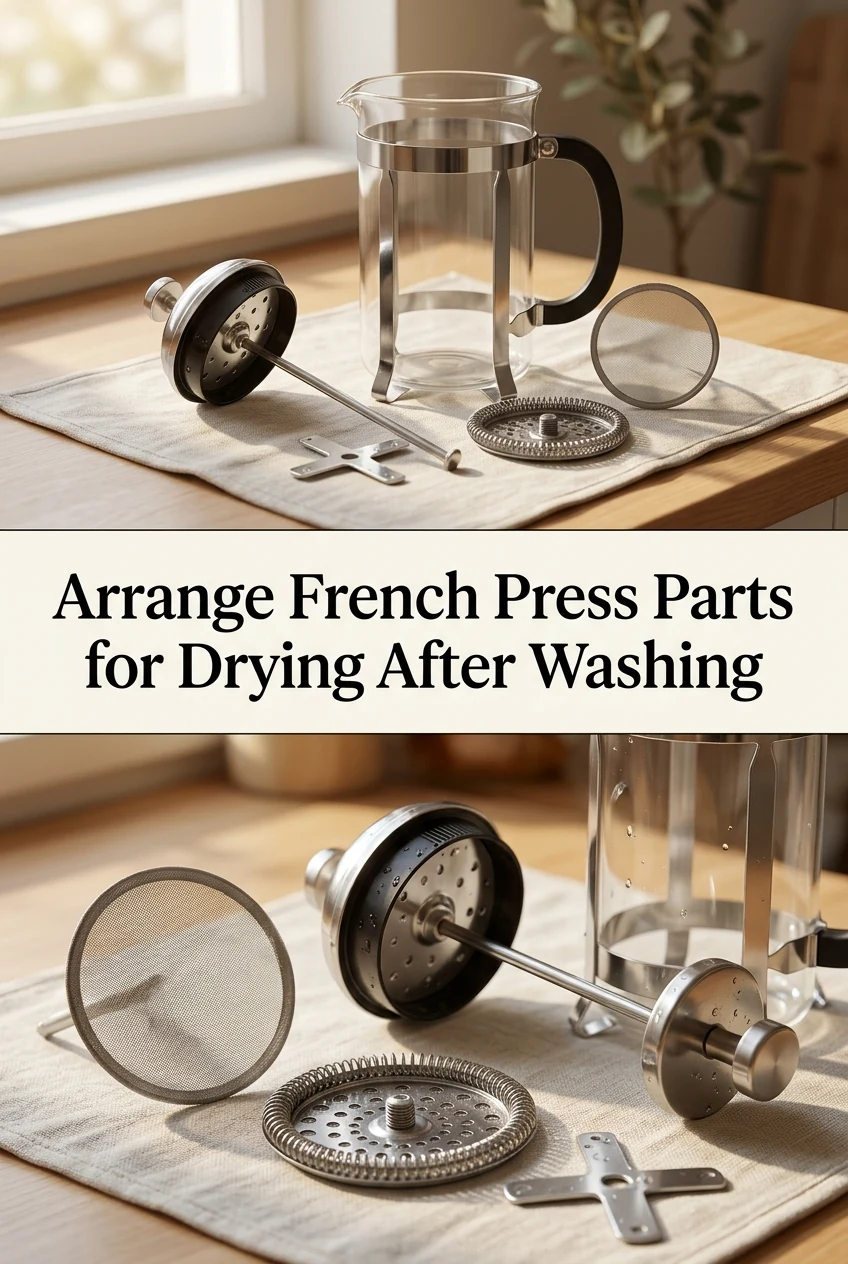Arrange French Press Parts for Drying After Washing — AI-generated editorial illustration