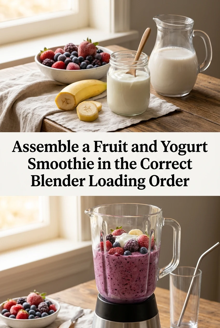 Assemble a Fruit and Yogurt Smoothie in the Correct Blender Loading Order — AI-generated editorial illustration