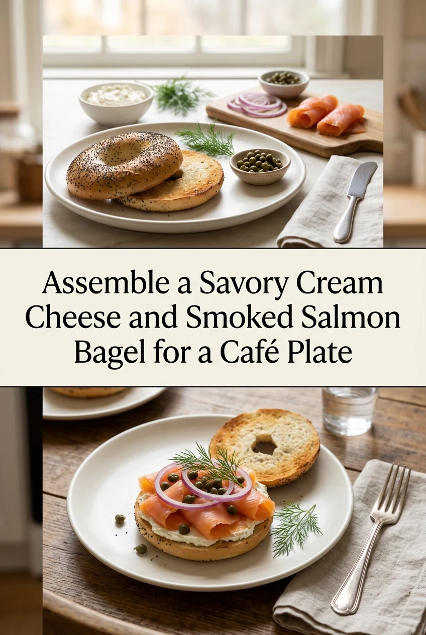 Assemble a Savory Cream Cheese and Smoked Salmon Bagel for a Café Plate — AI-generated editorial illustration