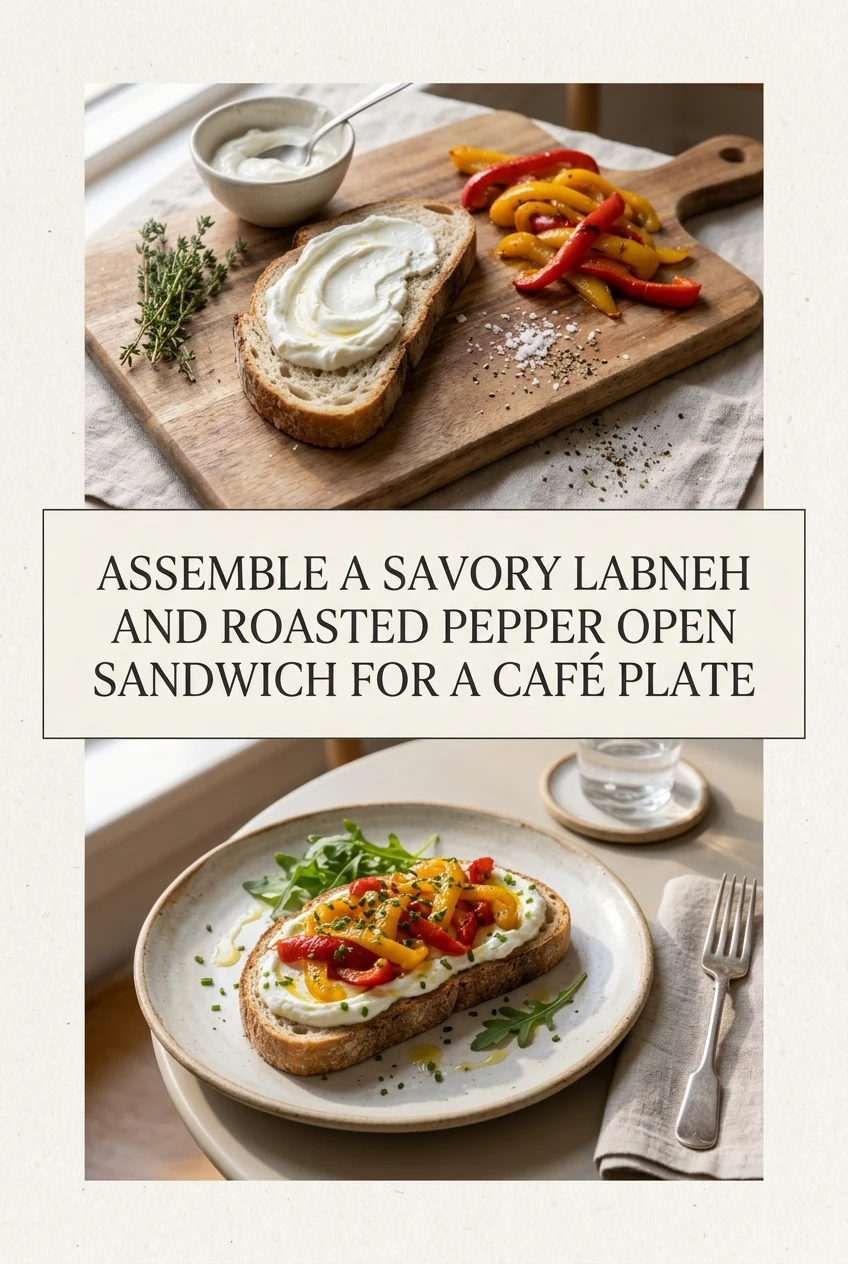 Assemble a Savory Labneh and Roasted Pepper Open Sandwich for a Café Plate — AI-generated editorial illustration