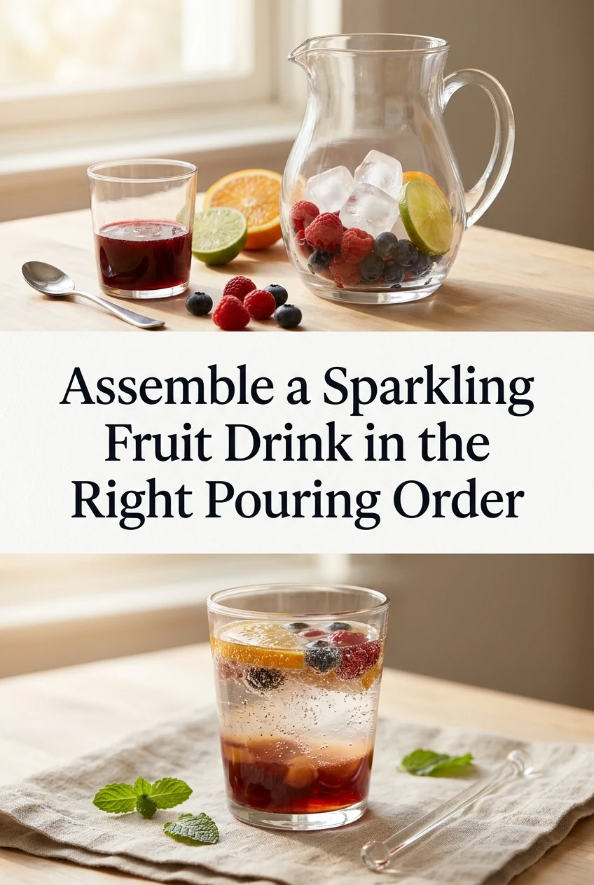 Assemble a Sparkling Fruit Drink in the Right Pouring Order — AI-generated editorial illustration