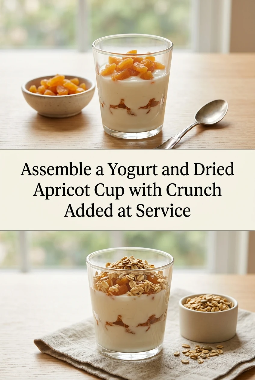 Assemble a Yogurt and Dried Apricot Cup with Crunch Added at Service — AI-generated editorial illustration