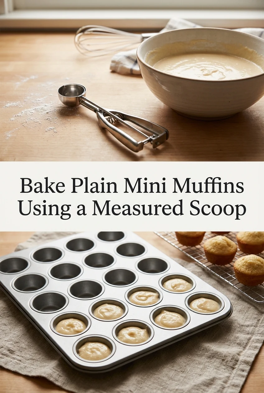 Bake Plain Mini Muffins Using a Measured Scoop — AI-generated editorial illustration
