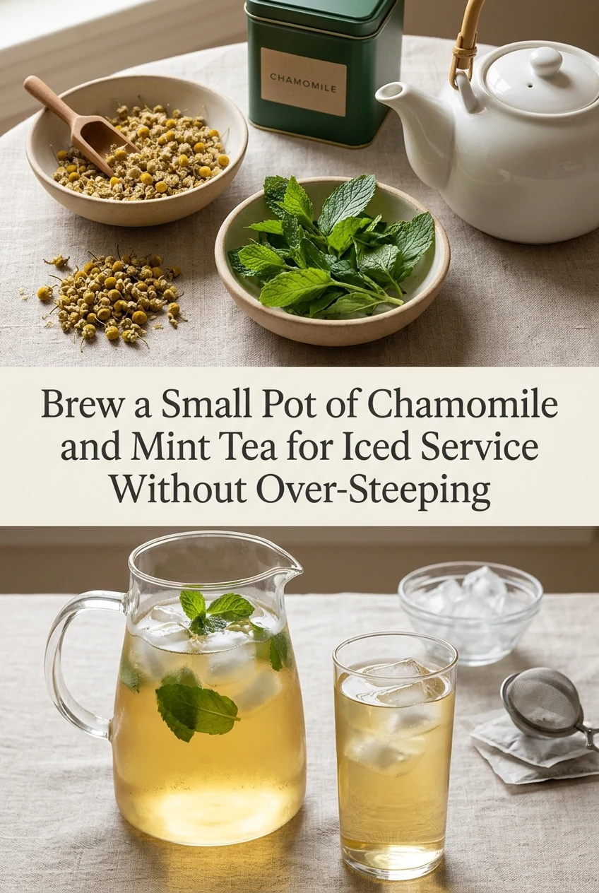 Brew a Small Pot of Chamomile and Mint Tea for Iced Service Without Over-Steeping — AI-generated editorial illustration