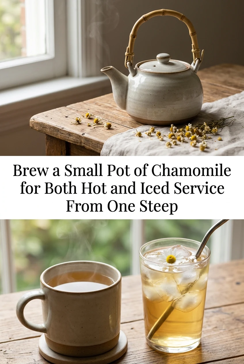 Brew a Small Pot of Chamomile for Both Hot and Iced Service From One Steep — AI-generated editorial illustration