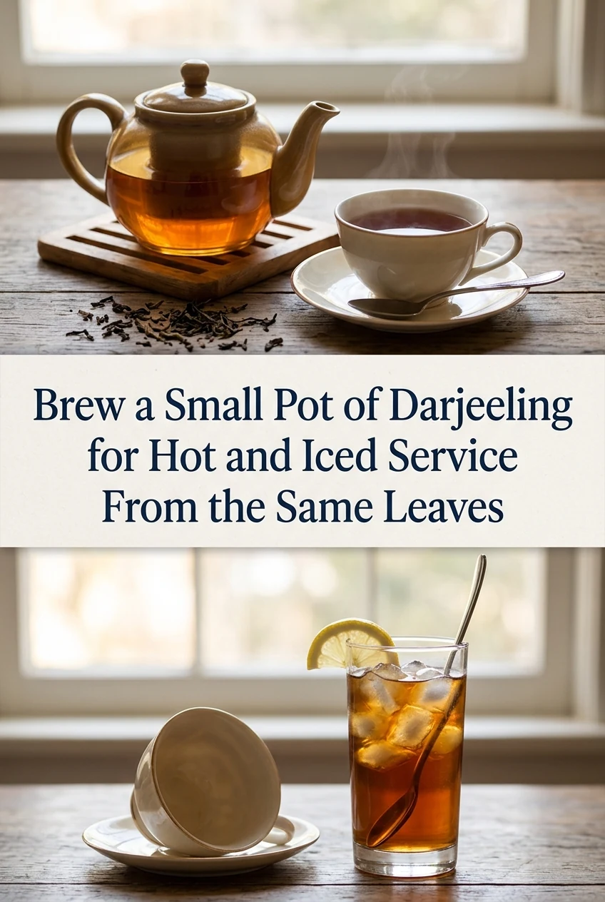 Brew a Small Pot of Darjeeling for Hot and Iced Service From the Same Leaves — AI-generated editorial illustration