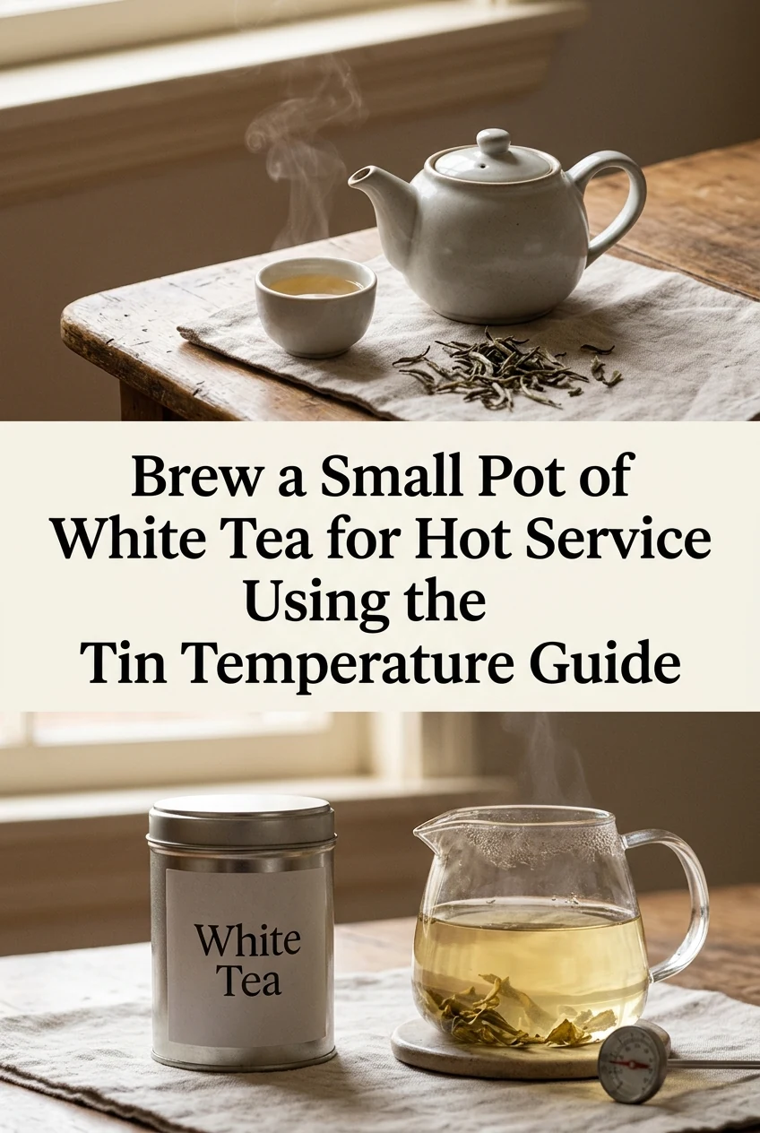 Brew a Small Pot of White Tea for Hot Service Using the Tin Temperature Guide — AI-generated editorial illustration