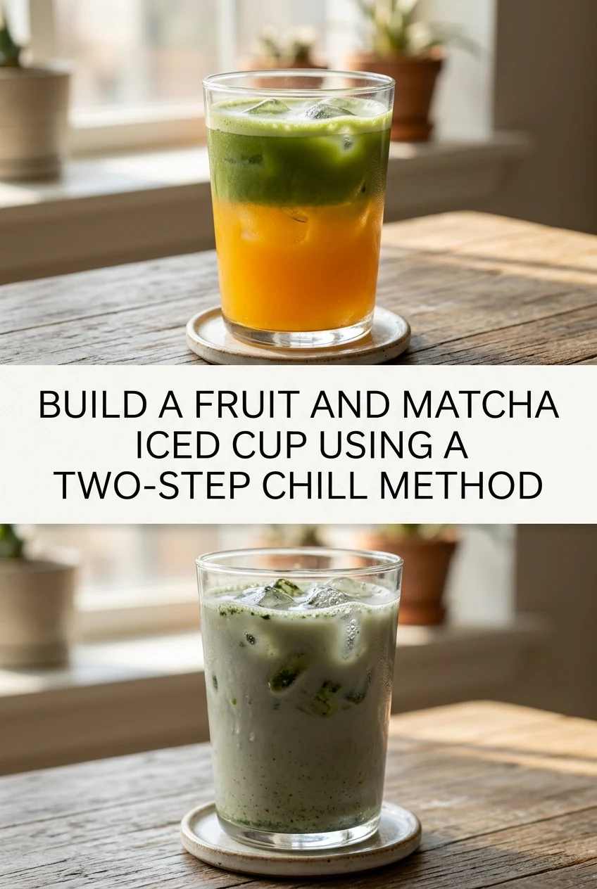 Build a Fruit and Matcha Iced Cup Using a Two-Step Chill Method — AI-generated editorial illustration