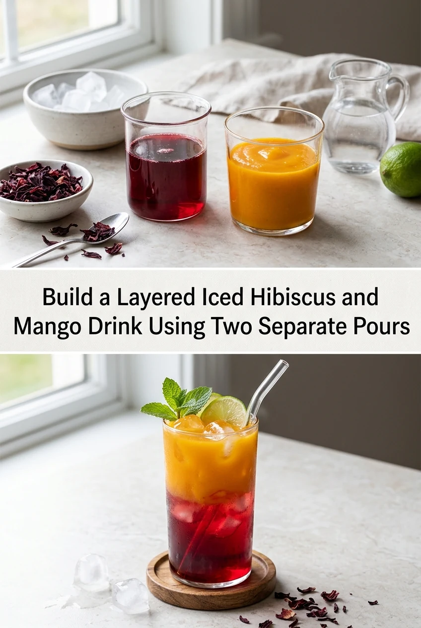 Build a Layered Iced Hibiscus and Mango Drink Using Two Separate Pours — AI-generated editorial illustration