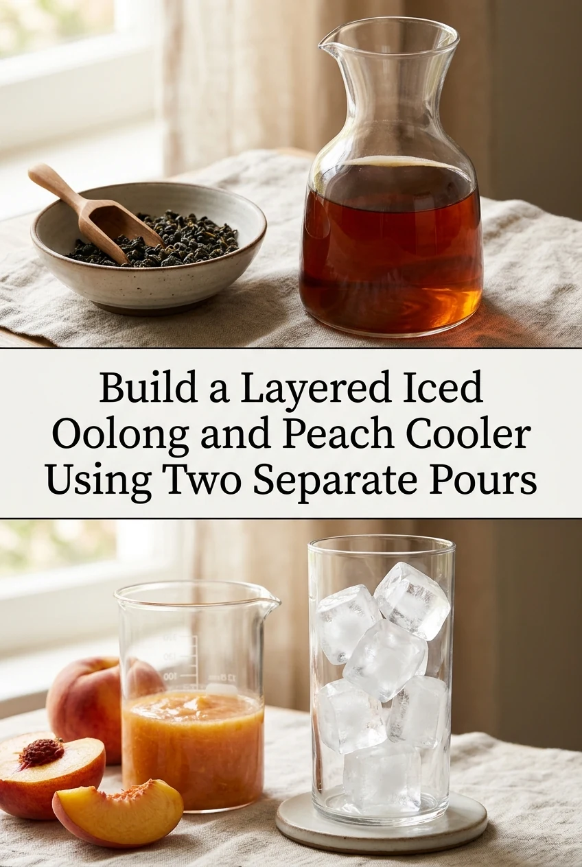 Build a Layered Iced Oolong and Peach Cooler Using Two Separate Pours — AI-generated editorial illustration