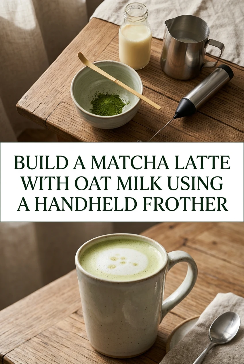 Build a Matcha Latte With Oat Milk Using a Handheld Frother — AI-generated editorial illustration