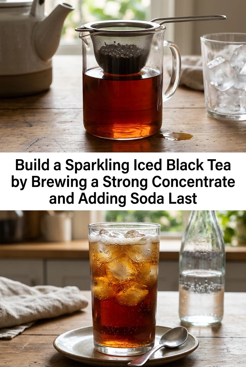 Build a Sparkling Iced Black Tea by Brewing a Strong Concentrate and Adding Soda Last — AI-generated editorial illustration
