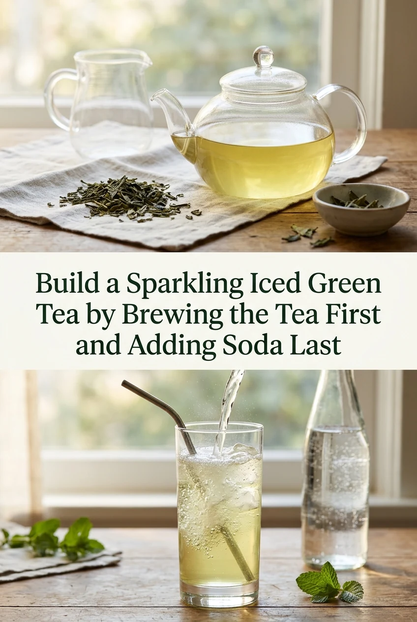 Build a Sparkling Iced Green Tea by Brewing the Tea First and Adding Soda Last — AI-generated editorial illustration