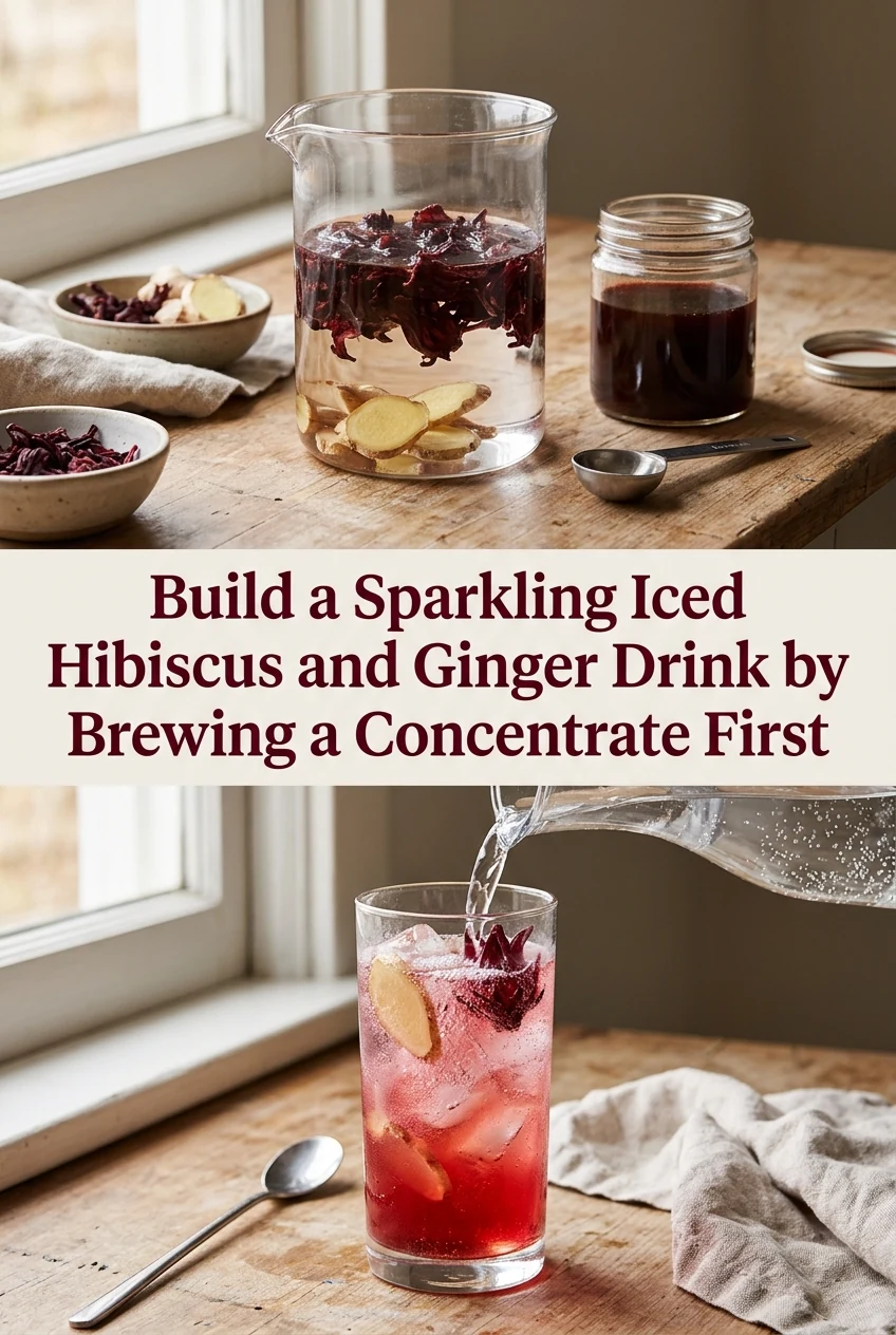 Build a Sparkling Iced Hibiscus and Ginger Drink by Brewing a Concentrate First — AI-generated editorial illustration