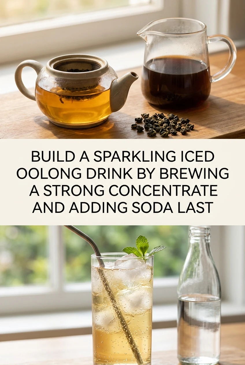 Build a Sparkling Iced Oolong Drink by Brewing a Strong Concentrate and Adding Soda Last — AI-generated editorial illustration