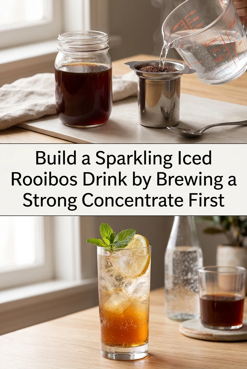 Build a Sparkling Iced Rooibos Drink by Brewing a Strong Concentrate First — AI-generated editorial illustration
