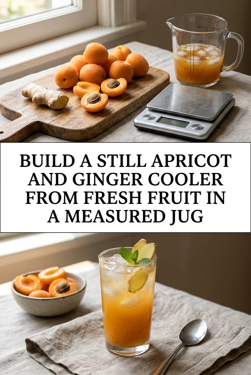 Build a Still Apricot and Ginger Cooler From Fresh Fruit in a Measured Jug — AI-generated editorial illustration