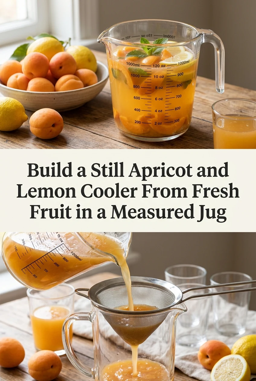 Build a Still Apricot and Lemon Cooler From Fresh Fruit in a Measured Jug — AI-generated editorial illustration