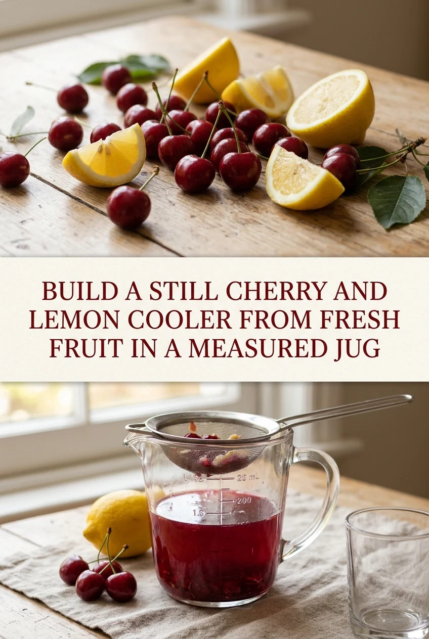 Build a Still Cherry and Lemon Cooler From Fresh Fruit in a Measured Jug — AI-generated editorial illustration