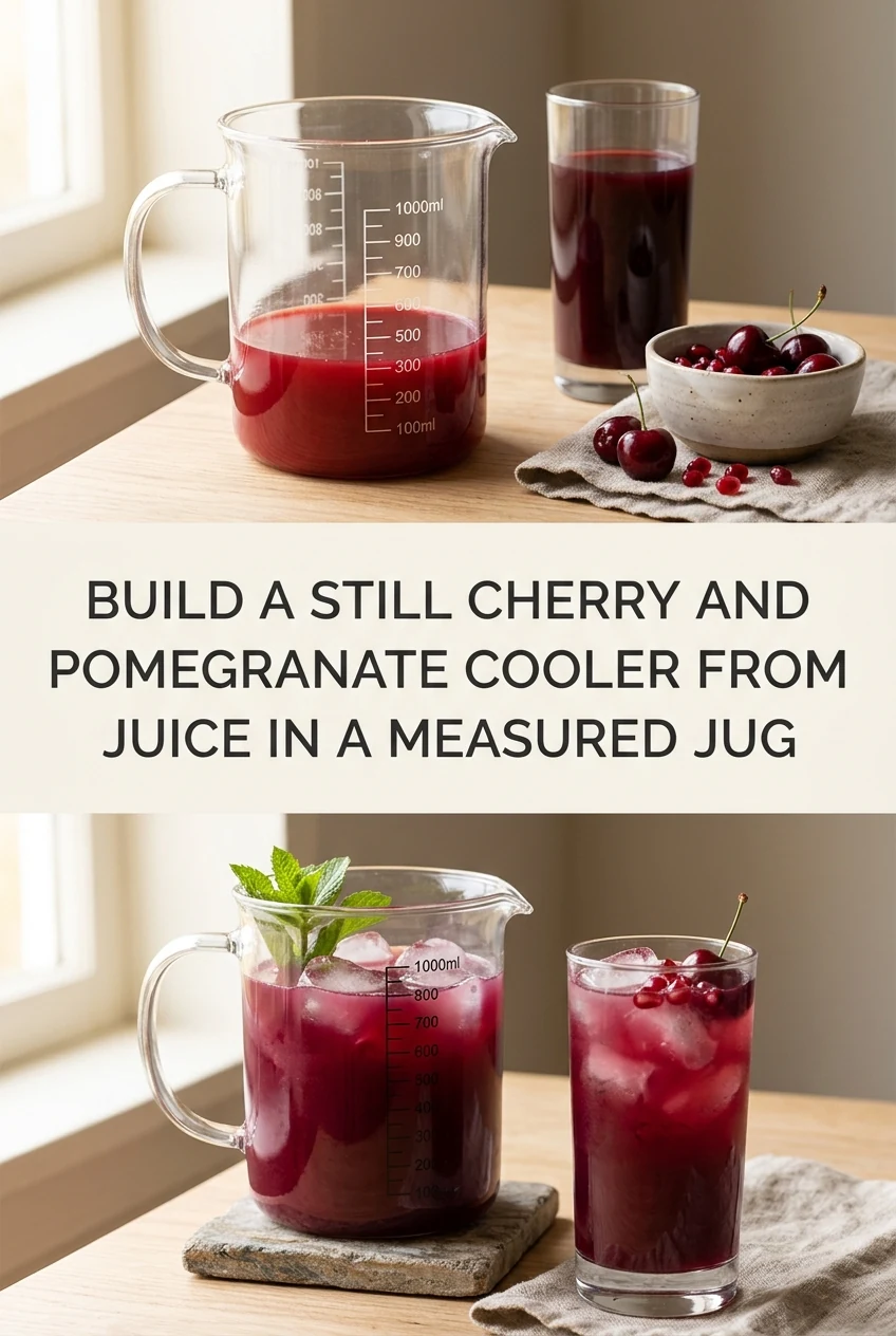 Build a Still Cherry and Pomegranate Cooler From Juice in a Measured Jug — AI-generated editorial illustration