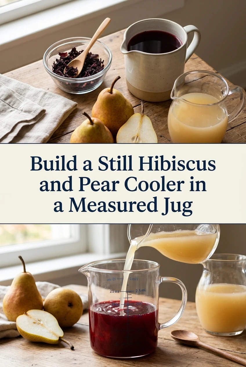 Build a Still Hibiscus and Pear Cooler in a Measured Jug — AI-generated editorial illustration
