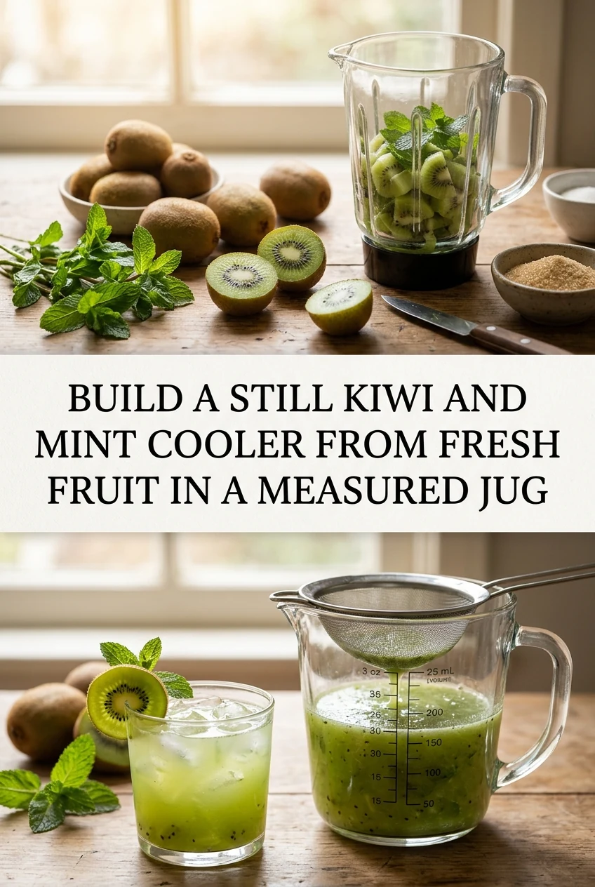 Build a Still Kiwi and Mint Cooler From Fresh Fruit in a Measured Jug — AI-generated editorial illustration