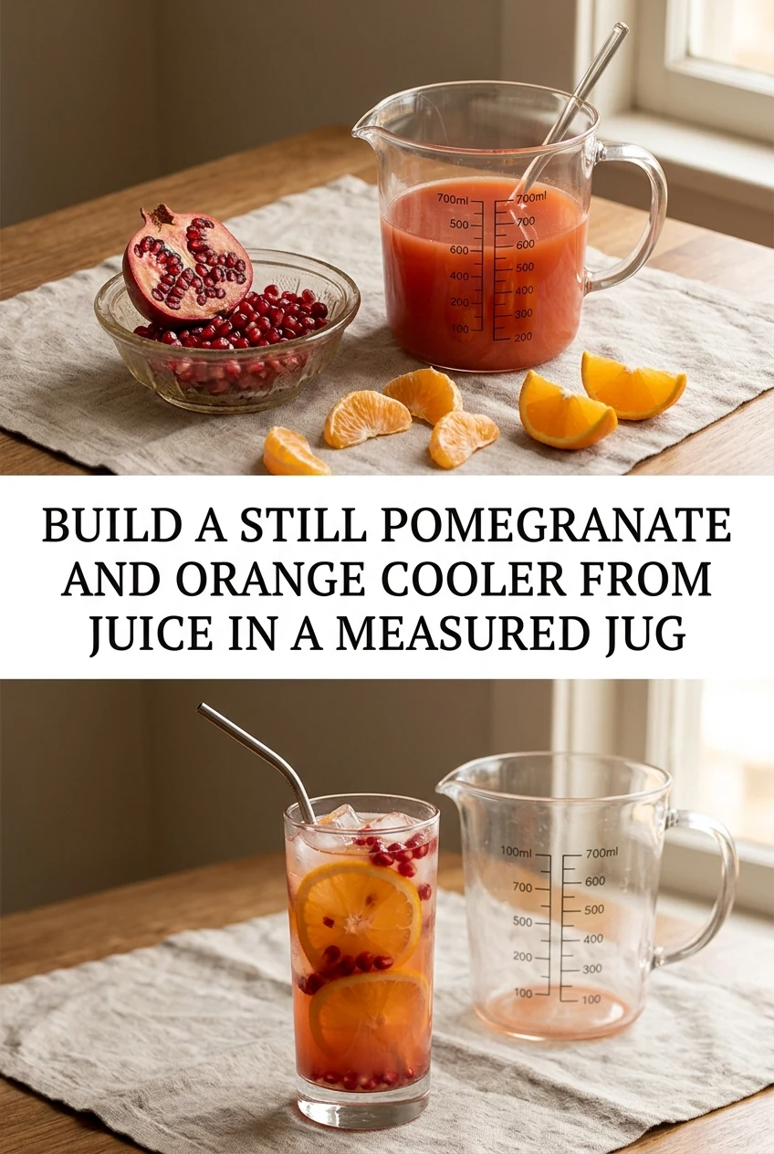 Build a Still Pomegranate and Orange Cooler From Juice in a Measured Jug — AI-generated editorial illustration