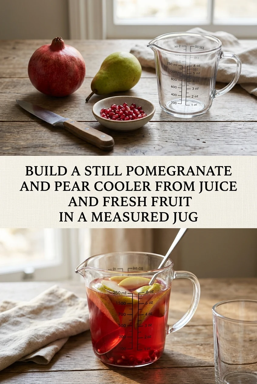 Build a Still Pomegranate and Pear Cooler From Juice and Fresh Fruit in a Measured Jug — AI-generated editorial illustration