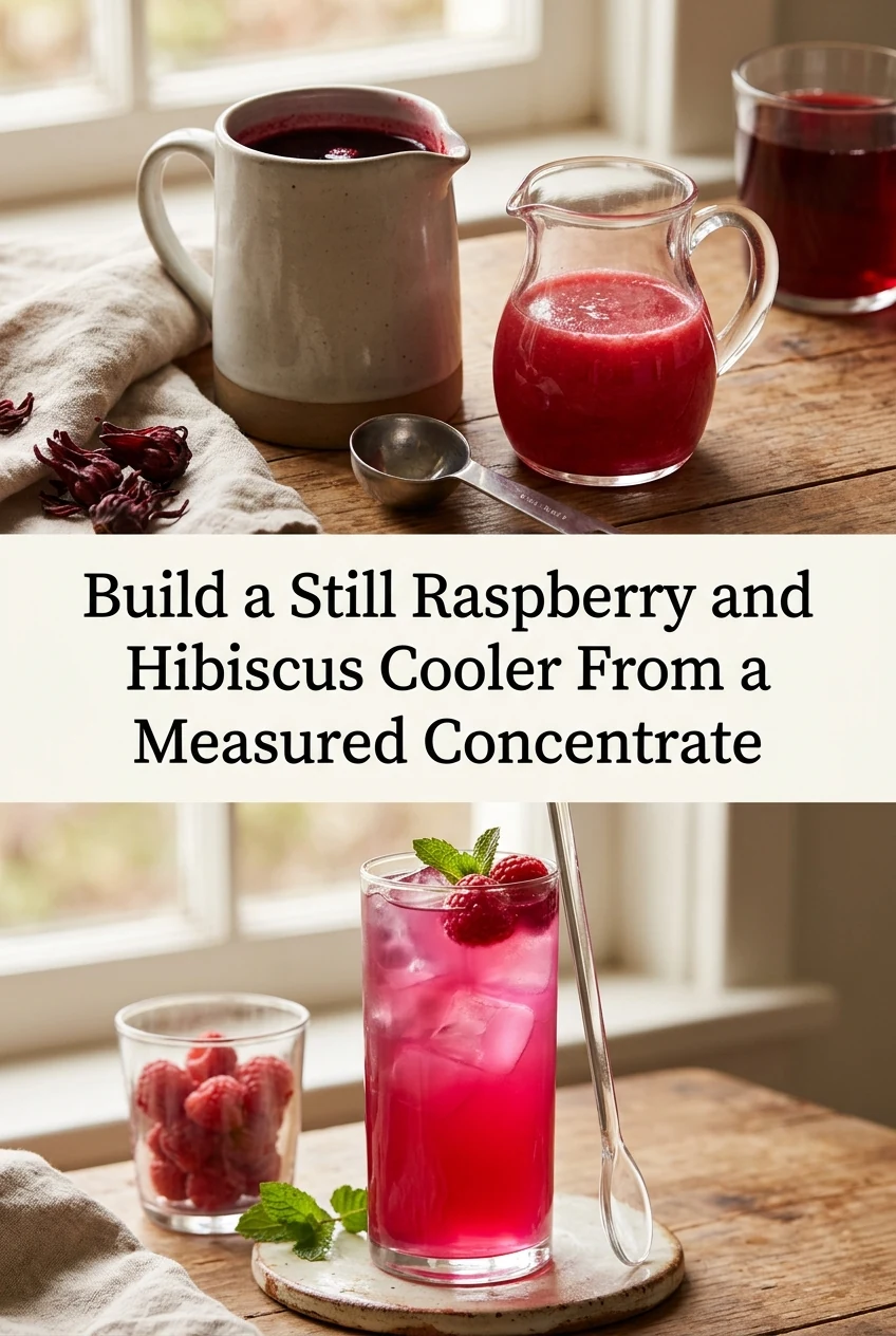 Build a Still Raspberry and Hibiscus Cooler From a Measured Concentrate — AI-generated editorial illustration