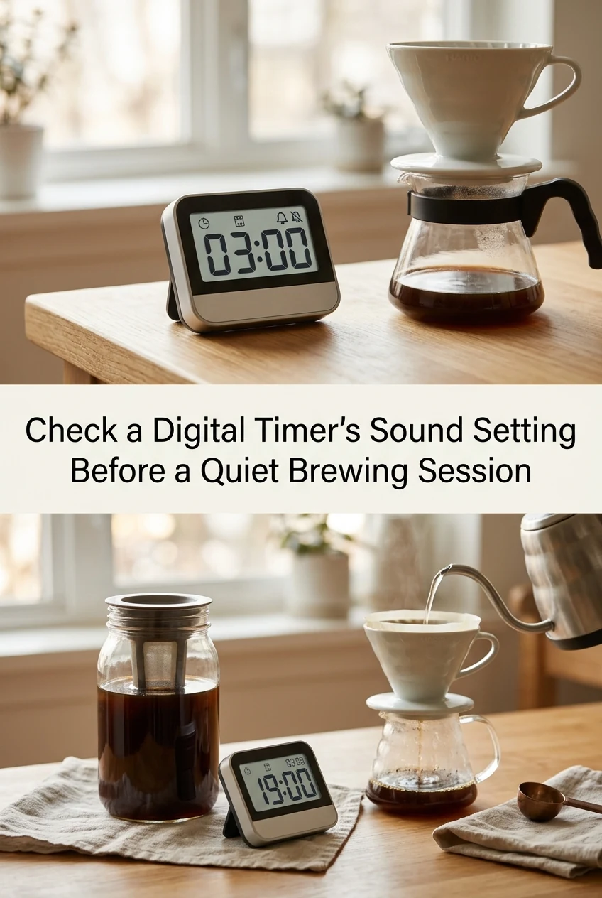 Check a Digital Timer's Sound Setting Before a Quiet Brewing Session — AI-generated editorial illustration