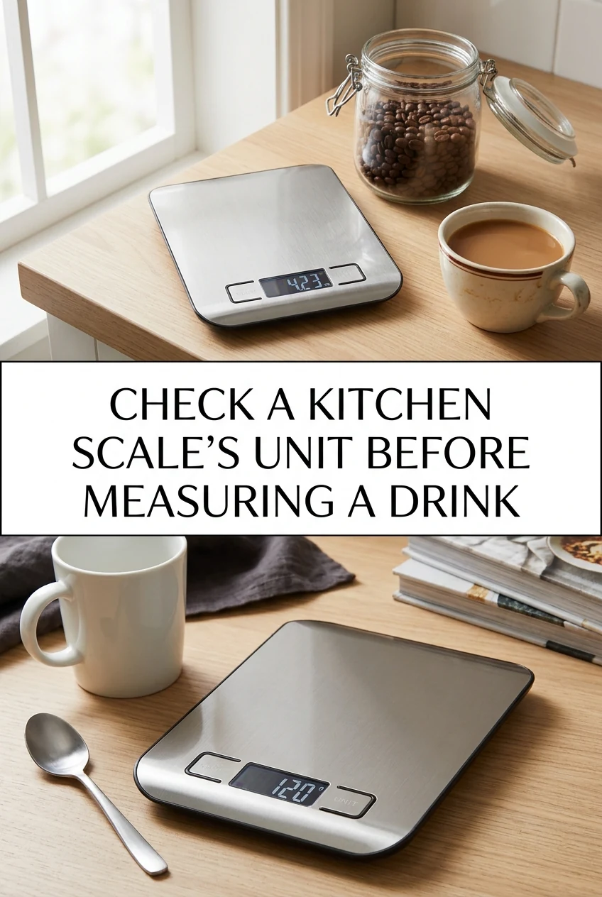 Check a Kitchen Scale's Unit Before Measuring a Drink — AI-generated editorial illustration