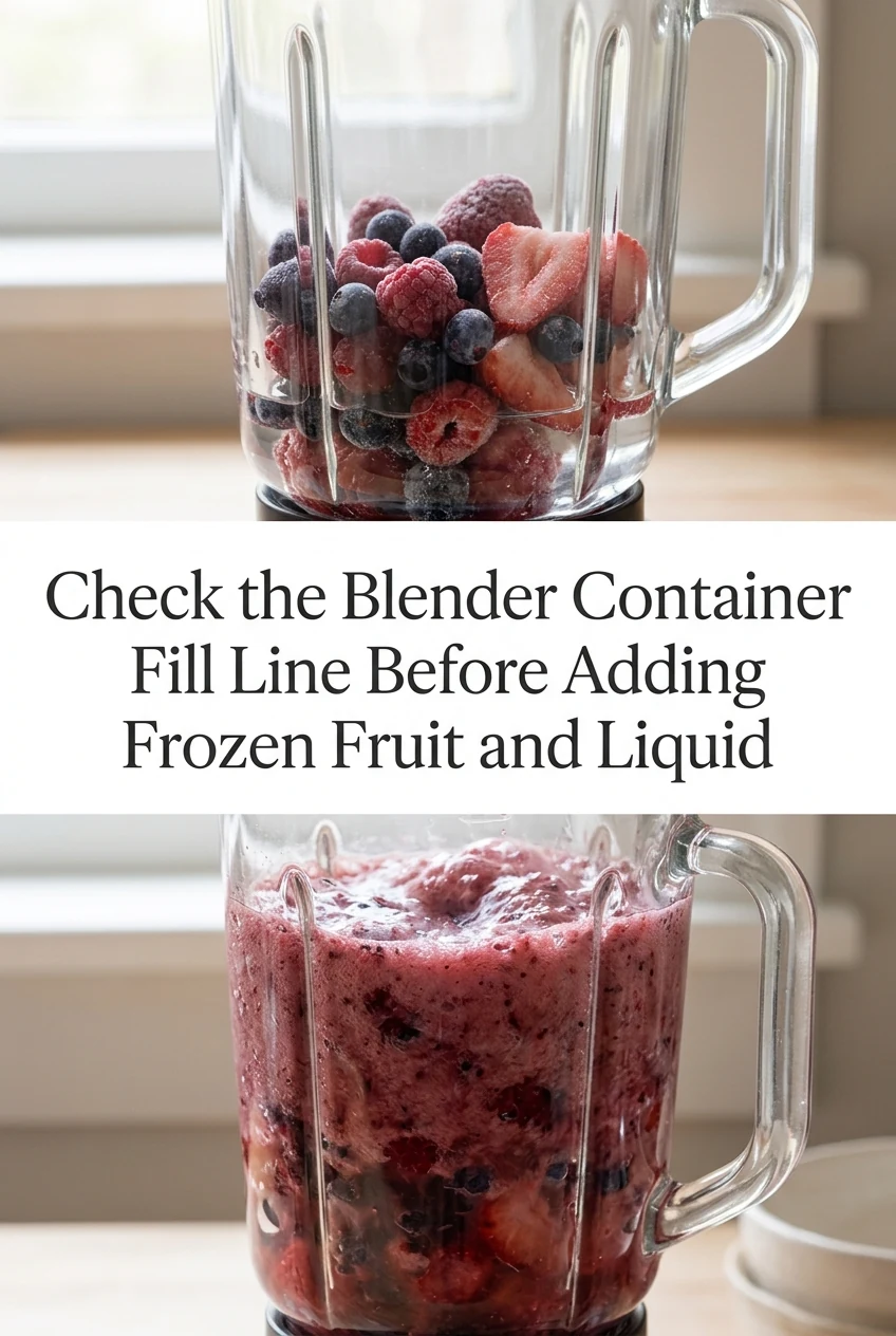 Check the Blender Container Fill Line Before Adding Frozen Fruit and Liquid — AI-generated editorial illustration