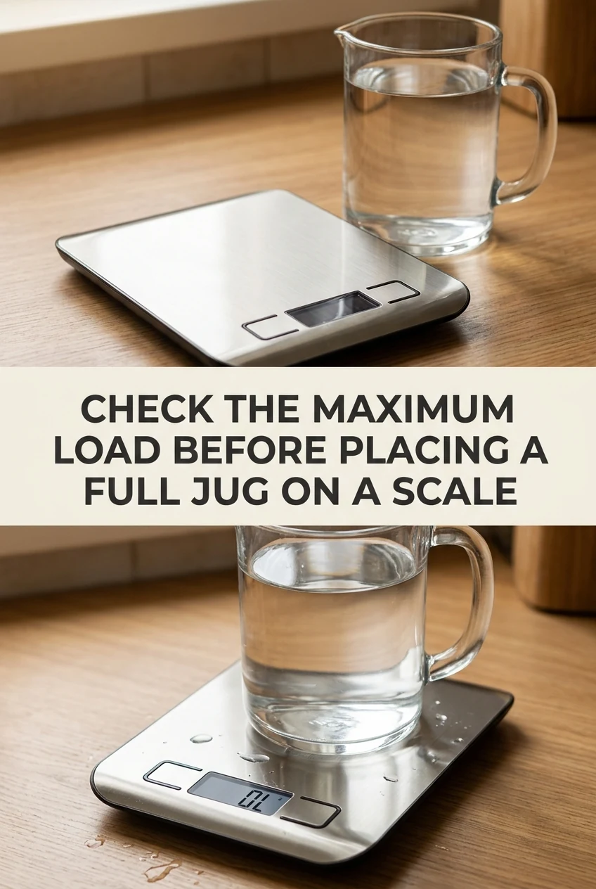 Check the Maximum Load Before Placing a Full Jug on a Scale — AI-generated editorial illustration