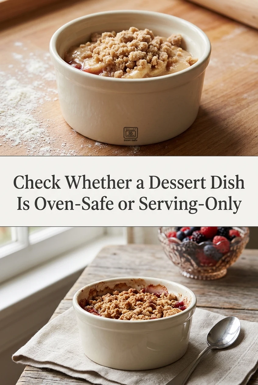 Check Whether a Dessert Dish Is Oven-Safe or Serving-Only — AI-generated editorial illustration