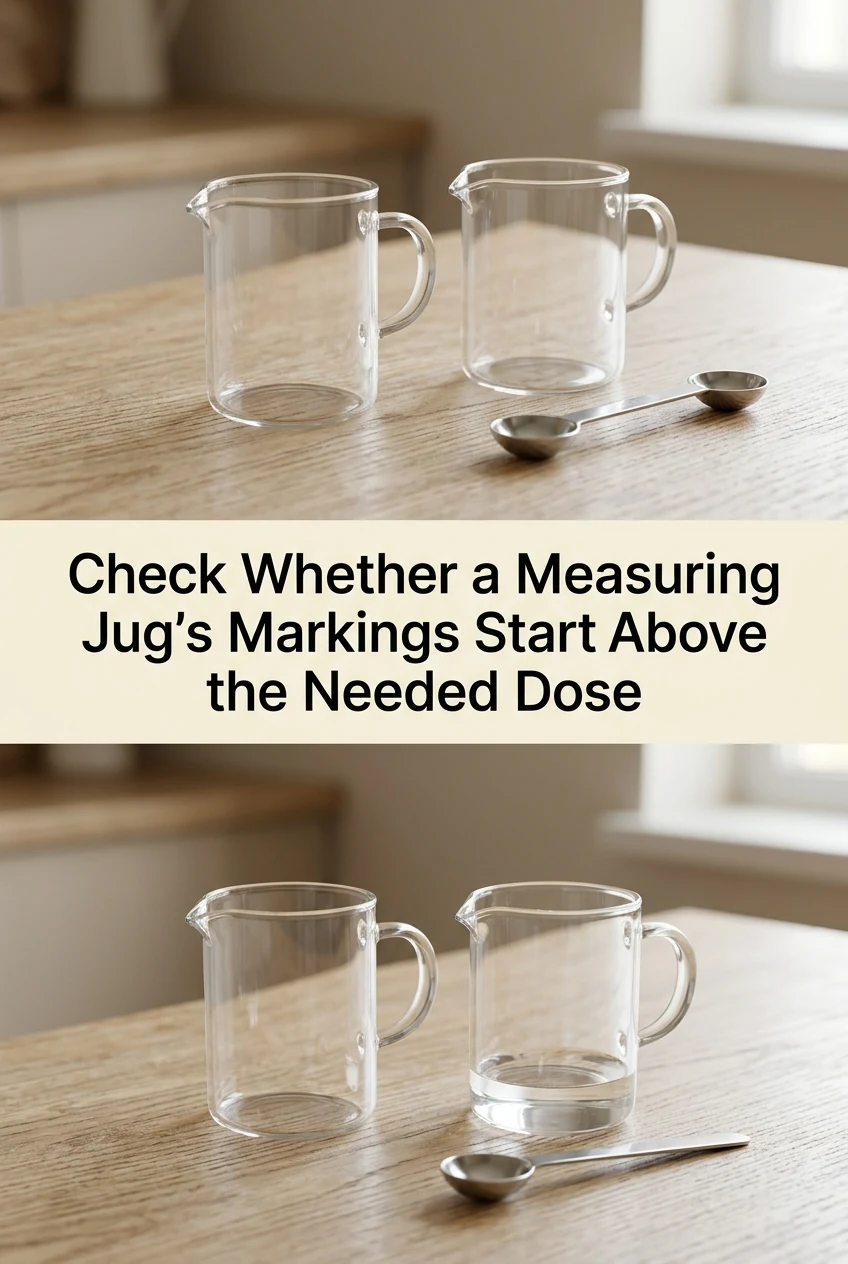 Check Whether a Measuring Jug's Markings Start Above the Needed Dose — AI-generated editorial illustration