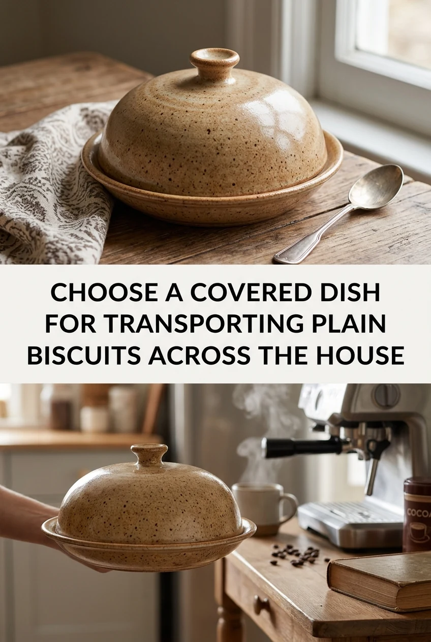 Choose a Covered Dish for Transporting Plain Biscuits Across the House — AI-generated editorial illustration